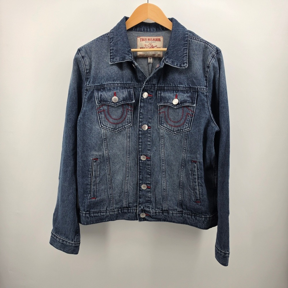 True Religion Mens Trucker Denim Jacket Blue Quartz Red Stitch Logo Large